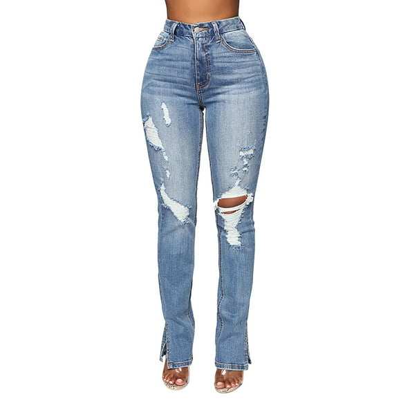 VMESZQFG Women's Straight Leg Jeans Women Designer Pants High Waist Button Ripped Small Feet Slit Jeans Colombian Jeans Small Feet Slit Jeans for Women Jean Trousers for Women Blue