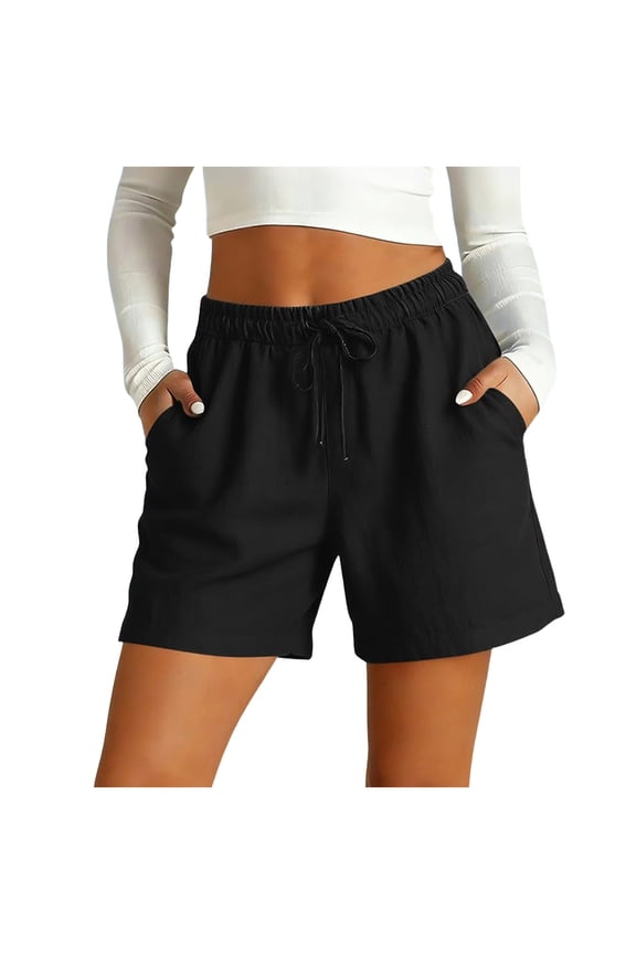 Women's Summer Shorts Linen Beach Shorts Lightweight Drawstring Short Pants with Pockets Black L2