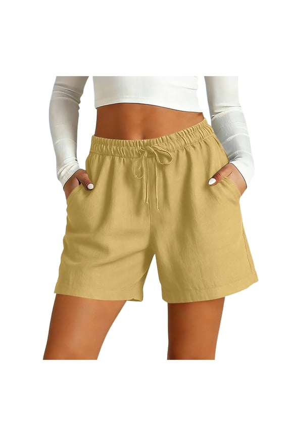 Women's Summer Shorts Linen Beach Shorts Lightweight Drawstring Short Pants with Pockets Khaki L2