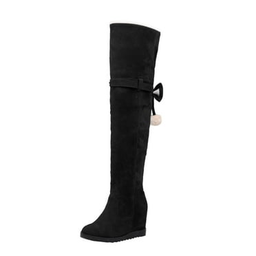 VMESZQFG Womens Booties Shoes Women's Thigh High Boots Stretchy Drawstring over The Knee Ladies Fashion Retro Solid Suede Removable Bow Decoration Elevated Long High Heel Boots Black