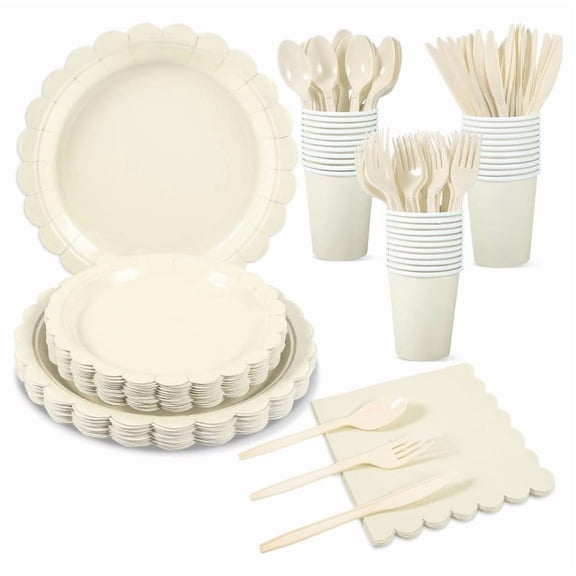VMWMSSR 175Pcs Disposable Paper Tableware Set, Heavy Duty Paper Plates Cups Napkins Cutlery Combo, Disposable Party Dinnerware For Wedding Birthday Shower Graduation(White-22CM)