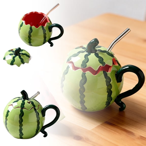 VMWMSSR 17Oz Cute Watermelon Shaped Ceramic Mug With Lid Novelty Fruit Design Coffee Tea Cup Drinking Mug With Handle For Home Kitchen Summer Beverage Decor Accessory(Green-500ml)