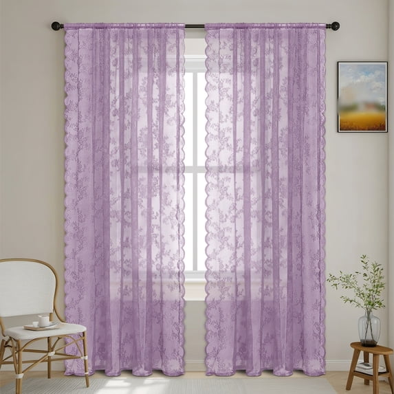 VMWMSSR 2 Pack Semi Sheer Curtain Floral Lace Window Panel Lightweight Rod Pocket Lace Curtain For Kitchen Bathroom Decor(Purple-29.52"X23.62")