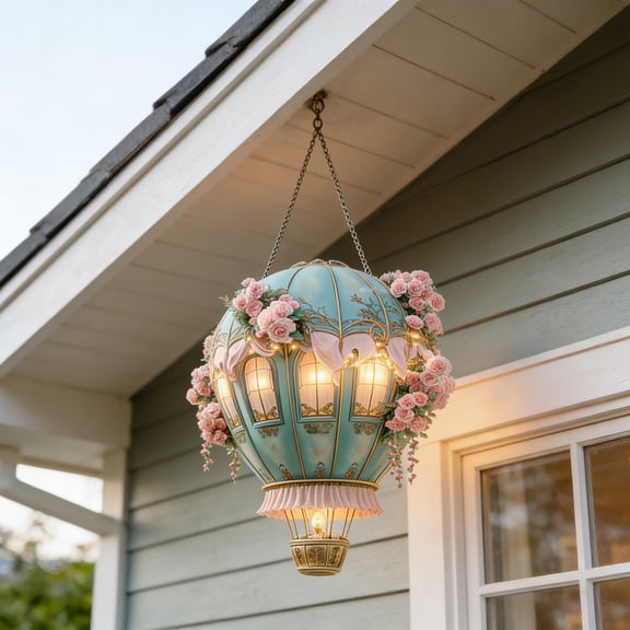 VMWMSSR 2D Hot Air Balloon Hanging Decor, Floral Acrylic Pendant Lamp, Vintage Wall Hanging Ornament For Living Room Porch Window Decor(Pink-7.87")