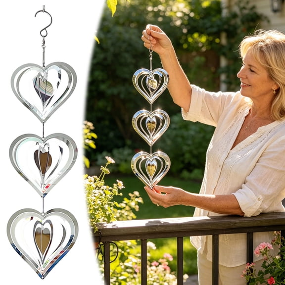VMWMSSR 3-Layer Heart Shaped Reflective Wind Spinner Bird Repellent, Double Sided Mirror Metal Wind Chime Hanging Decor, Rotating Shiny Bird Deterrent For Patio Garden Backyard(Silver-16.34")