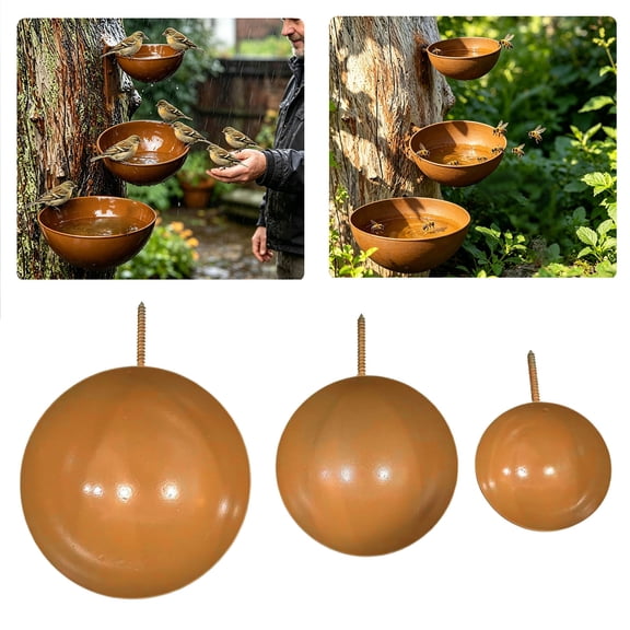 VMWMSSR 3 Pack Wall Mount Bird Water Bowl Feeder, Rustproof Metal Hanging Pollinator Drinking Cups, Outdoor Tree Trunk Mount Bee Butterfly Wild Bird Water Station For Backyard Garden(Brown-10cm)