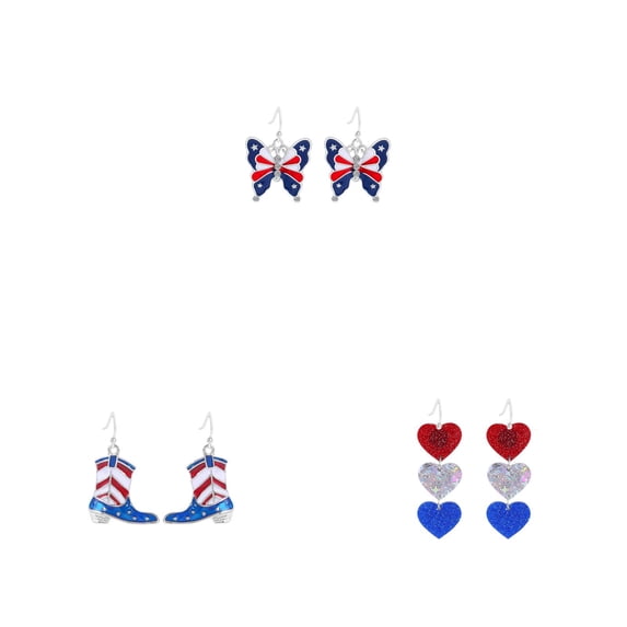 VMWMSSR 3PCS 4Th Of July Heart Drop Earrings, Red White Blue Glitter Patriotic Earrings For Holiday Party & Casual Wear(A+B+C-3PCS 1.20Inch)