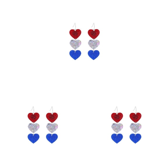 VMWMSSR 3PCS 4Th Of July Heart Drop Earrings, Red White Blue Glitter Patriotic Earrings For Holiday Party & Casual Wear(C-3PCS 1.20Inch)