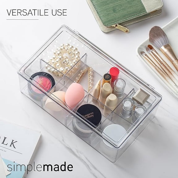 VMWMSSR 4 Divided Clear Storage Bin, Removable Divider Fridge Organizer, Removable Food Safe Pantry Storage Tray With Pull Handle For Kitchen Snack Packet Storage(Clear-27.3“)