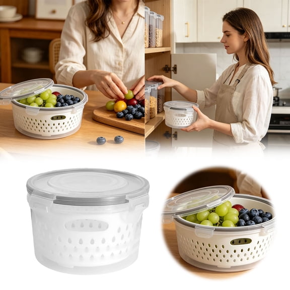 VMWMSSR 4-In-1 Fruit Storage Containers For Fridge, Transparent Food Storage With Removable Colander, Stackable Airtight Produce Keeper For Fruits & Vegetables(A-4.72X3.15 Inch)