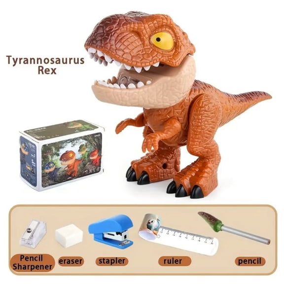 VMWMSSR 5 In 1 Dinosaur Stationery Set, Multi-Functional Dinosaur Model Supplies Cute Dinosaur Shaped Learning Toy Stationery Kit For Daily Homework(Brown-7.48")