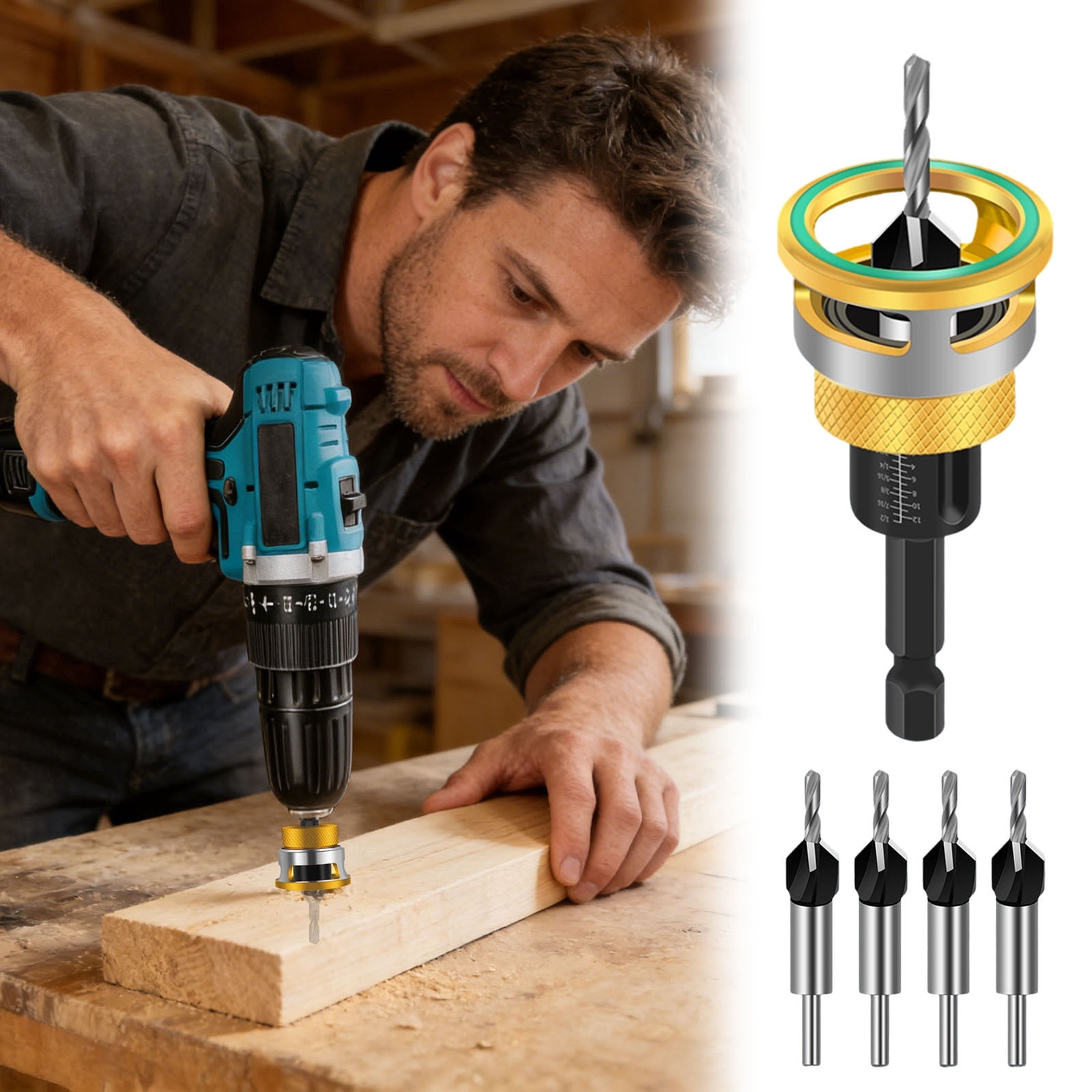 VMWMSSR 5-Piece Countersink Drill Bit Set With Depth Stop, Self-Centering Drill Bits For Wood, High Precision Woodworking Tools, 1/4" Hex Shank(Yellow-3.7X3.7X14Cm)