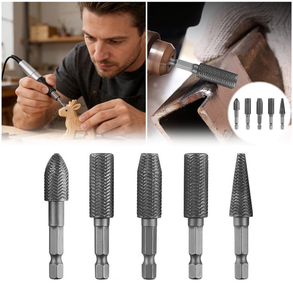 VMWMSSR 5-Piece Hex Shank Rotary Rasp File Set, 2.36 Inch High Hardness Steel Drill Bits, Multi-Shape Rotary Burr Set For Wood, Metal, Diy Carving(Silver-6Cm)