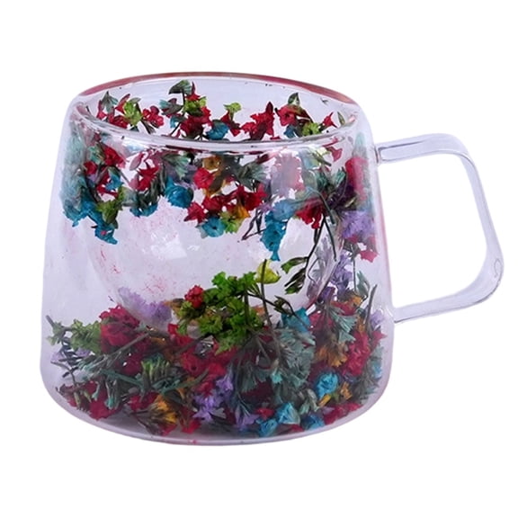 VMWMSSR 6.8oz Double Wall Glass Mug with Flower, Heat-Resistant Floral Insulated Cup, Insulated Clear Coffee & Tea Tumbler with Handle(Red-6.8oz)