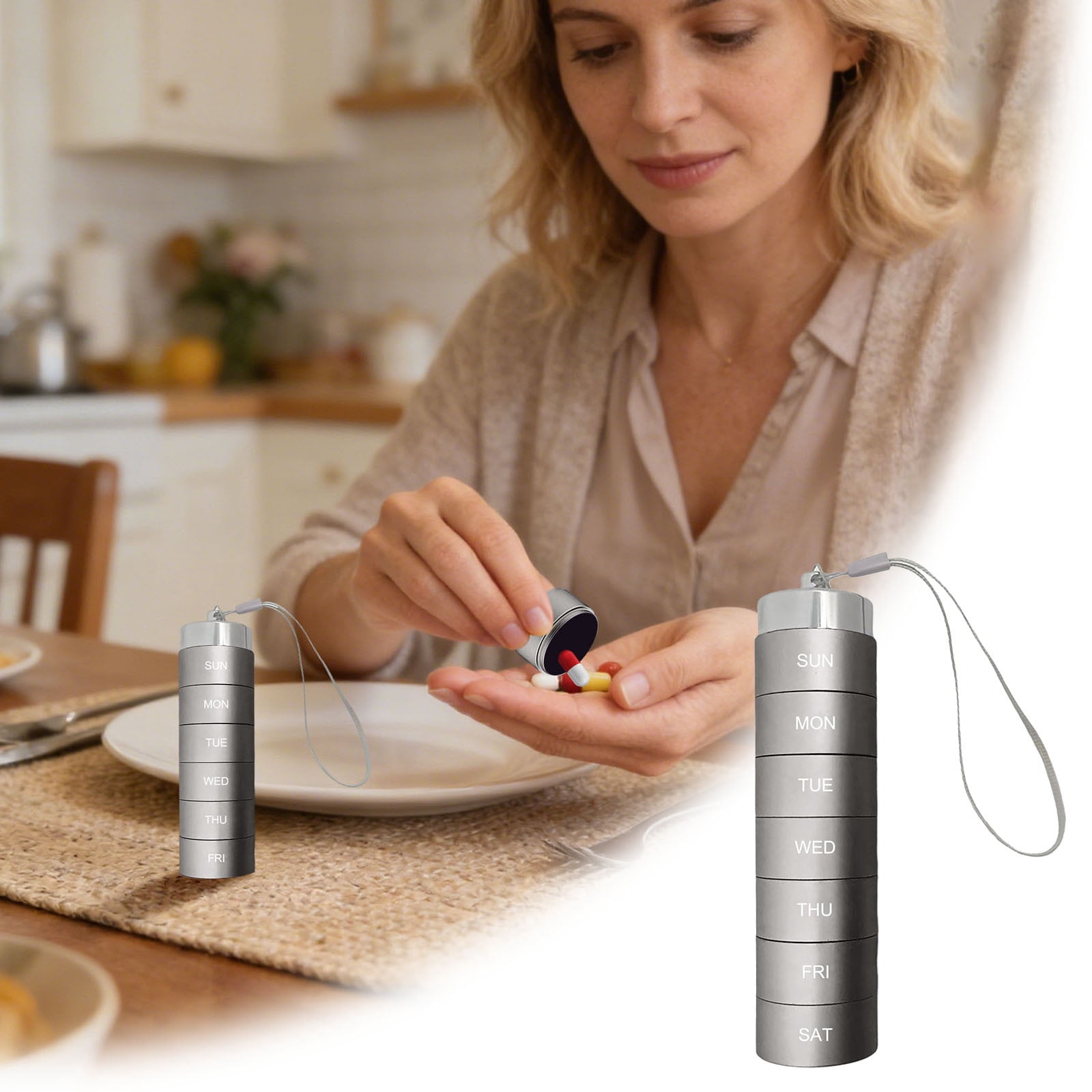 VMWMSSR 7-Day Portable Pill Organizer With Lanyard, Weekly Pill Case With 7 Compartments, Travel Pill Box For Medication, Vitamins & Supplements(Grey-15.5X4X4Cm)