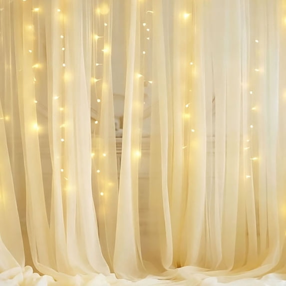 VMWMSSR Backdrop Sheer Tulle Curtain With Led Light String Transparent Party Background For Wedding Birthday Photo Booth(Yellow-62.99"×118.11")
