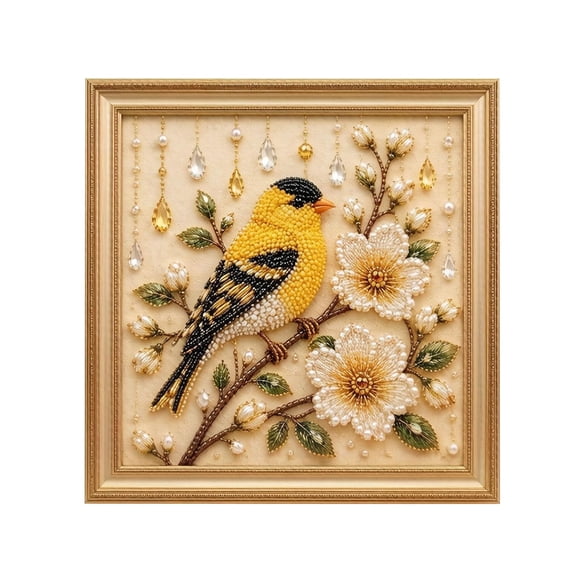 VMWMSSR Bird Bead Art Diy Craft Kit, Handmade Bead Embroidery Picture Set, Floral Bird Pattern Decor Wall Art For Beginners Adult Hobby(Yellow-11.")