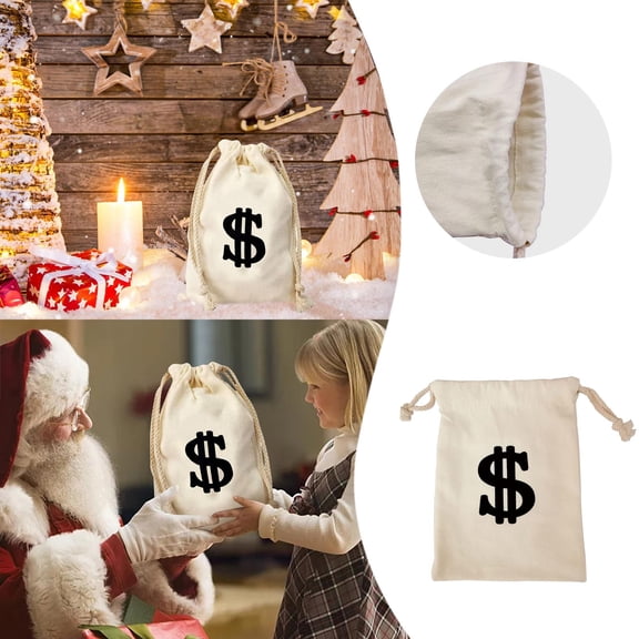 VMWMSSR Canvas Money Bag with Dollar Sign, Drawstring Carry Sack, Large Prop Bag For Party Gifts & Halloween Costumes(Beige-One Size)