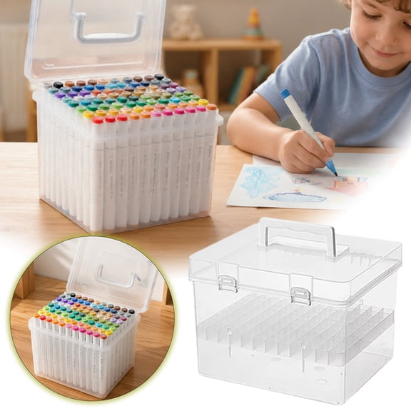 VMWMSSR Clear Marker Storage Organizer Box, Divided Compartment Art Marker Carrying Case With Handle Latches, Portable Pen Caddy For Artist Drawing Marker Craft Supply Storage(Clear-8.66"×7.87")