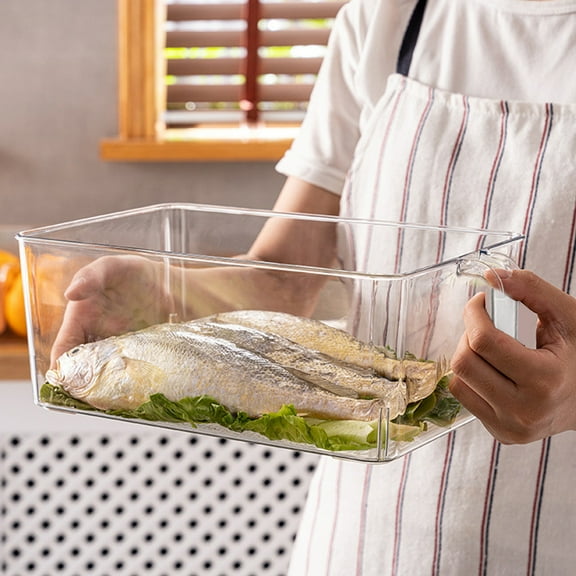 VMWMSSR Clear Refrigerator Storage Bin With Handle Stackable Fridge Organizer Drawer Wide Mouth Food Storage Container For Fruit Vegetable Meat Pantry Kitchen Cabinet(White-10.91")