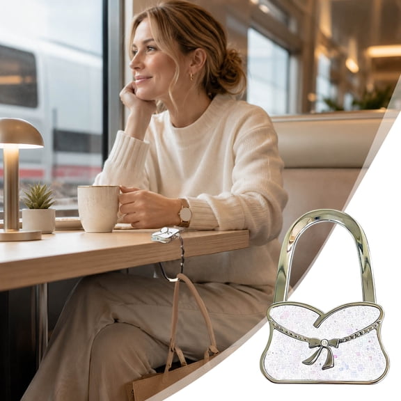 VMWMSSR Cute Bow Handbag Shaped Table Bag Hook Portable Metal Tabletop Purse Hanger Floral Glitter Print Foldable Table Edge Handbag Holder For Desk Bag Storage(White-2.56")