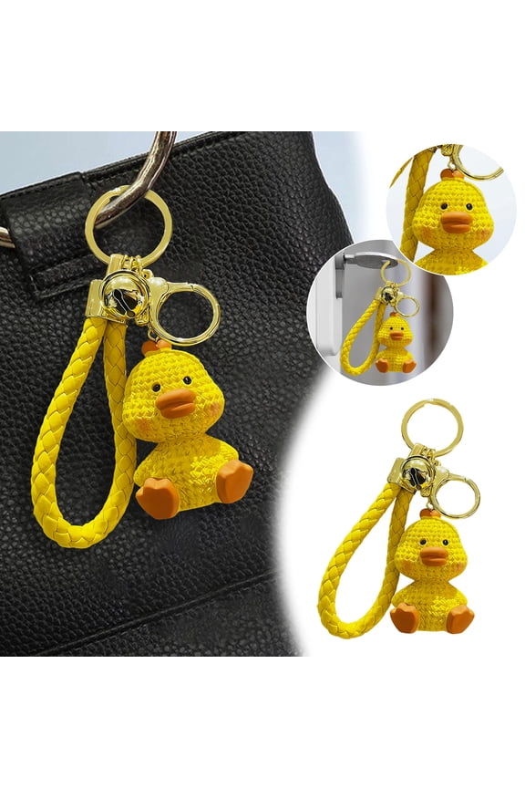 Cute Duck Keychain Pendant Cartoon Resin Animal Charm With Braided Wrist Strap & Metal Key Ring Lightweight Mini Bag Accessory Key Holder Gift For Daily Handbag Decor(Yellow-3.39")
