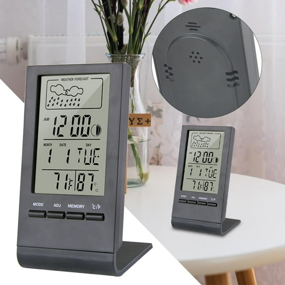 VMWMSSR Digital Desk Clock With Temperature Humidity Monitor Multi Function Lcd Display Alarm Clock With Date Time Weather Forecast For Bedroom Office Desk(Black-3.58")