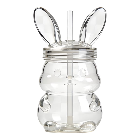 VMWMSSR Easter Bunny Glass Cups With Lid And Straw Reusable Leak Proof Cute Bunny Coffee Mug Gifts For Women, Happy Easter Spring Gift Decor Clear-20cm