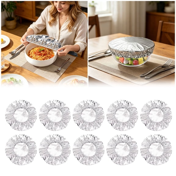 VMWMSSR Elastic Aluminum Foil Food Bowl Covers 10 Pack Reusable Stretch Foil Dish Lids Heat Resistant Disposable Food Storage Wraps For Bowl Plate Container Kitchen Picnic Outdoor(Silver-7.87")