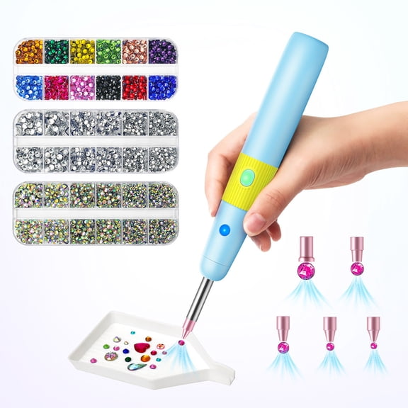 VMWMSSR Electric Hot Fix Rhinestone Applicator Tool Kit, Portable Usb Rechargeable Heat Suction Diamond Drill Pen With 5 Replacement Nozzles For Diamond Painting Diy Art Craft(Blue-8.07")