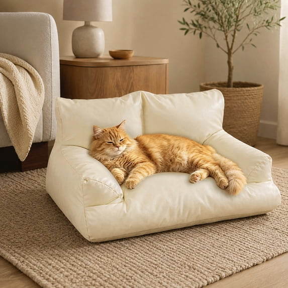 VMWMSSR Leather Pet Sofa Bed With Raised Backrest & Armrests, WaterâResistant Comfort Dog Couch Bed Nonâ Pet Bed For Small Medium Large Dogs And Cats(Beige-19.69")