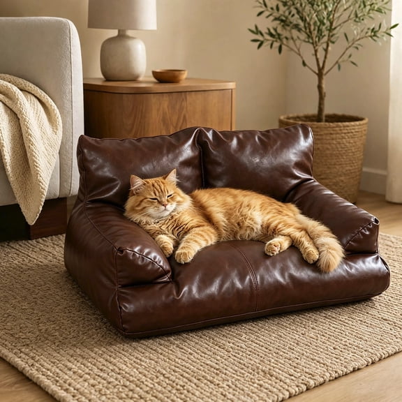 VMWMSSR Leather Pet Sofa Bed With Raised Backrest & Armrests, WaterâResistant Comfort Dog Couch Bed Nonâ Pet Bed For Small Medium Large Dogs And Cats(Coffee-19.69")