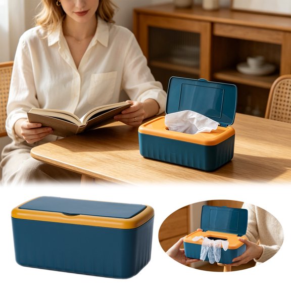 VMWMSSR Flip Lid Plastic Tissue Box Holder, Desktop Tissue Container, Dustproof Cover Napkin Dispenser For Bathroom Bedroom Office Kitchen Countertop Decor(Blue-8.78")