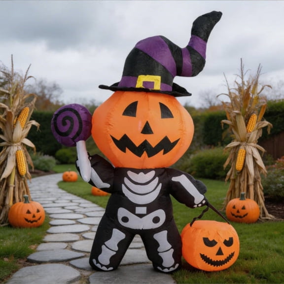 VMWMSSR Halloween Inflatable Pumpkin Head Yard Decor Blow Up Lantern Lawn Ornament Weatherproof Outdoor Lawn Inflatable Prop For Front Porch Halloween Yard Party Decor(Orange-67 Inch)