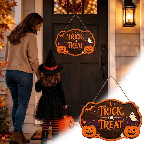 VMWMSSR Halloween Lighted Wooden Door Sign, Trick Or Treat Hanging Wall Plaque With Pumpkin Bat Ghost, Fall Holiday Hanging Ornament For Front Door Porch Entryway Home Decor(Orange3-11.")