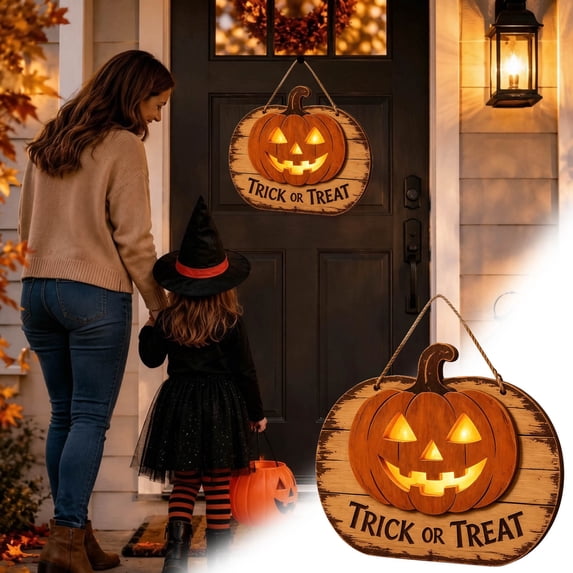 VMWMSSR Halloween Lighted Wooden Door Sign, Trick Or Treat Hanging Wall Plaque With Pumpkin Bat Ghost, Fall Holiday Hanging Ornament For Front Door Porch Entryway Home Decor(Orange2-11.")