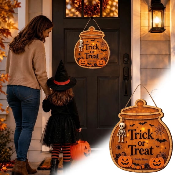 VMWMSSR Halloween Lighted Wooden Door Sign, Trick Or Treat Hanging Wall Plaque With Pumpkin Bat Ghost, Fall Holiday Hanging Ornament For Front Door Porch Entryway Home Decor(Orange1-11.")