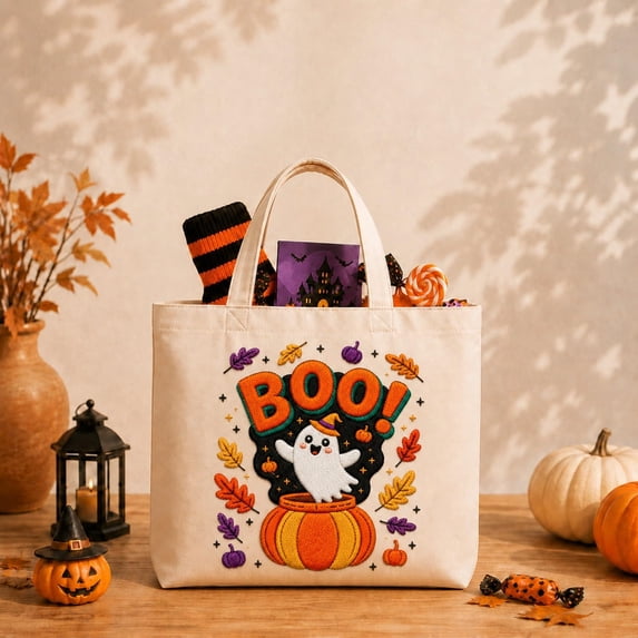 VMWMSSR Halloween Pumpkin Embroidered Canvas Tote Bag, Large Capacity Fall Autumn Harvest Canvas Handbag With Long Handles Shoulder Bag For Halloween Party Shopping Daily Use(Orange1-12.6")