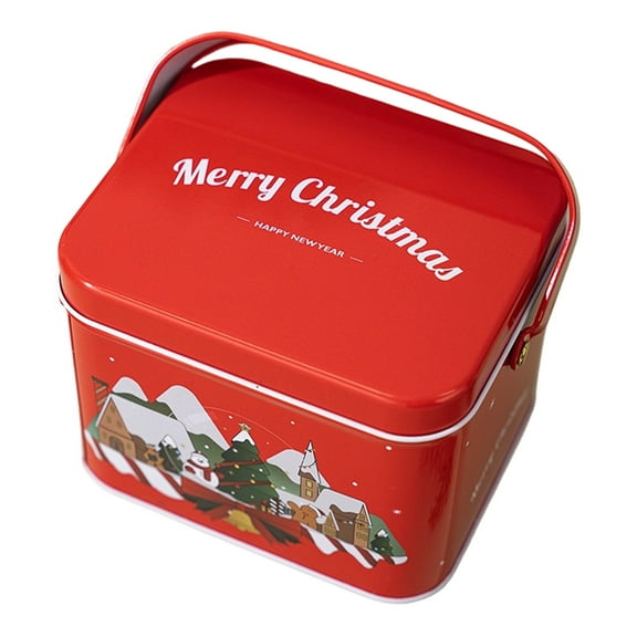 VMWMSSR Handheld Metal Cookie Box, Holiday Portable Handle Candy Biscuit Storage Can, Snowman Printed Treat Container For Holiday Gift Wrapping Tabletop Decor Accessory(Red2-5.1")