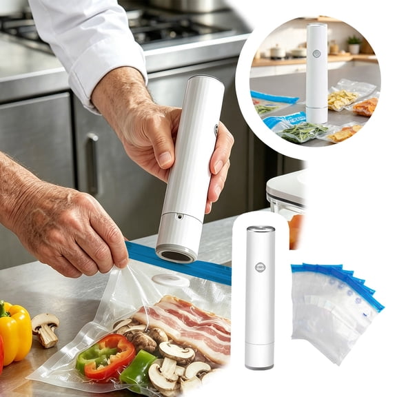 VMWMSSR Handheld Vacuum Sealer Machine, Portable Food Sealer, Mini Vacuum Packer With 5PCS Reusable Bags For Food Preservation Meal Prep And Freezer Storage(White-19.6X6.3X6cm)