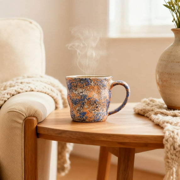 VMWMSSR Handmade Ceramic Coffee Mug, Vintage Splatter Glaze Stoneware Mug For Tea Coffee Hot Drinks, 10.5oz Reusable Large Handle Ceramic Cup For Home Kitchen Office Blue-10.5oz