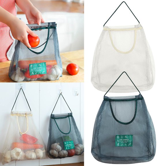 VMWMSSR Hanging Mesh Produce Storage Bag, Breathable Drawstring Vegetable Fruit Organizer Pouch, Reusable Hanging Wall Mesh Storage Bag For Kitchen Pantry Organizer(Black-13.7")
