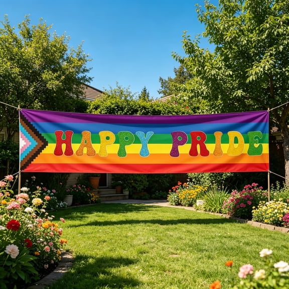 VMWMSSR Happy Pride Rainbow Banner Large Pride Striped Yard Banner Weatherproof Fabric Pride Month Backdrop Decor For Outdoor Yard Porch Party & Window Display(White-98.43")