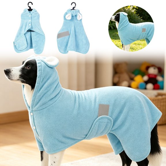 VMWMSSR Hooded Dog Bath Robe Absorbent Quick Dry Pet Bath Towel Coat Snap Button Soft Dog Drying Robe With Cute Ears For Medium Large Dogs After Shower Swimming(Blue-16.9“)