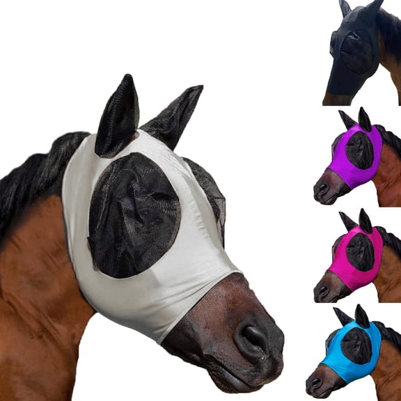 VMWMSSR Horse Fly Mask Breathable Stretch Mesh Horse Face Cover With Ear Covers Anti Insect Mosquito Equine Mask For Pasture Turnout Trail Riding Daily Horse Care(Grey-24X24cm)