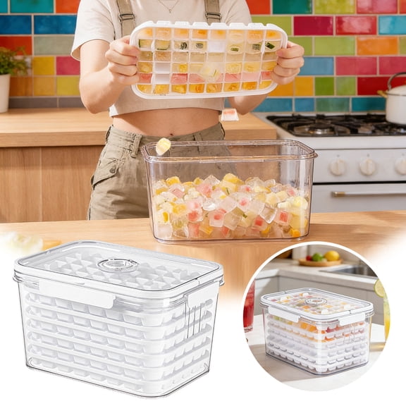 VMWMSSR Ice Cube Tray With Bin And Lid, 2-In-1 Ice Stackable Maker Container Set Easy Release, Time-Saving Ice Storage Box For Home Bar & Kitchen White2-27.5X20.2X16CM
