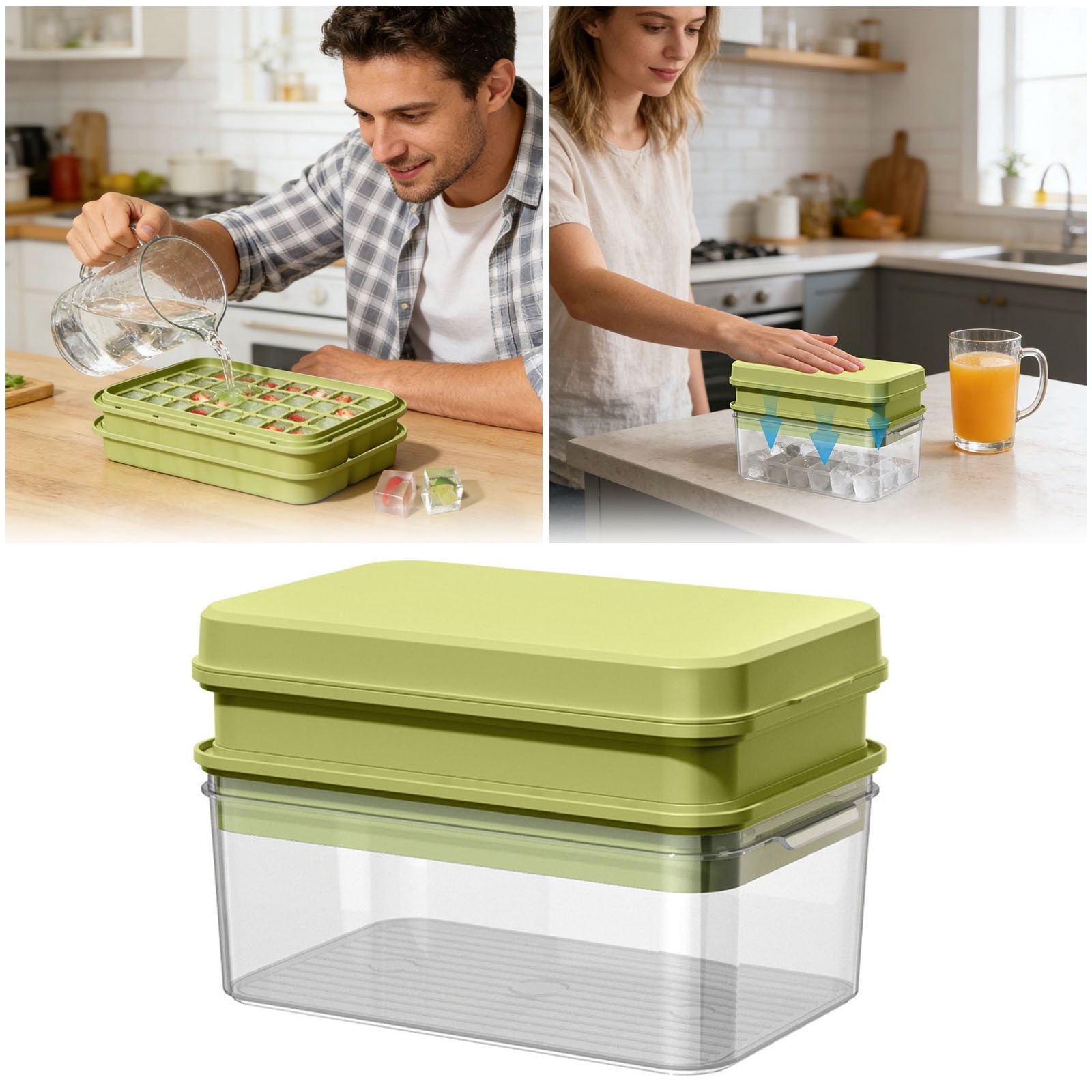 VMWMSSR Ice Cube Tray With Storage Bin, 64-Cavity One-Press Easy Release Ice Maker With Lid, Food-Grade Ice Mold For Summer Drinks, Home & Kitchen Use(A-22X13X14Cm)