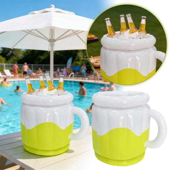 VMWMSSR Inflatable Beer Mug Ice Bucket Large Capacity Pool Floating Drink Cooler Beverage Chiller Caddy Beer Mug Shaped Floating Ice Holder For Summer Party Drink Storage(Yellow-17.71")