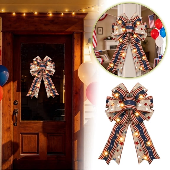 VMWMSSR Large Led Patriotic Wreath Bow For Front Door 250Th Anniversary Patriotic Lighted Bow Red White Blue Ribbon Bow With Led Lights For 4Th Of July Party Door Wall Decor(Khaki-17.8×9.8Inch)