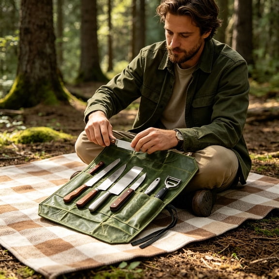 VMWMSSR Leather Knife Roll Bag Multi Slot Portable Cutlery Storage Wrap Dustproof Travel Chef Knife Organizer For Outdoor Camping Picnic Bbq Kitchen Cutlery Storage(Green-17.72x22.05In)